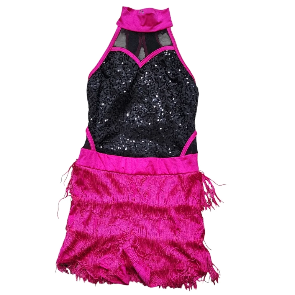 Weissman Showtime Forever Love Pink and Black Dance Costume with Fringe Size IC